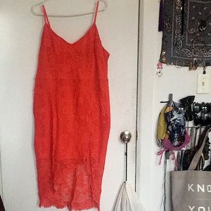 Coral lace spaghetti strap midi dress